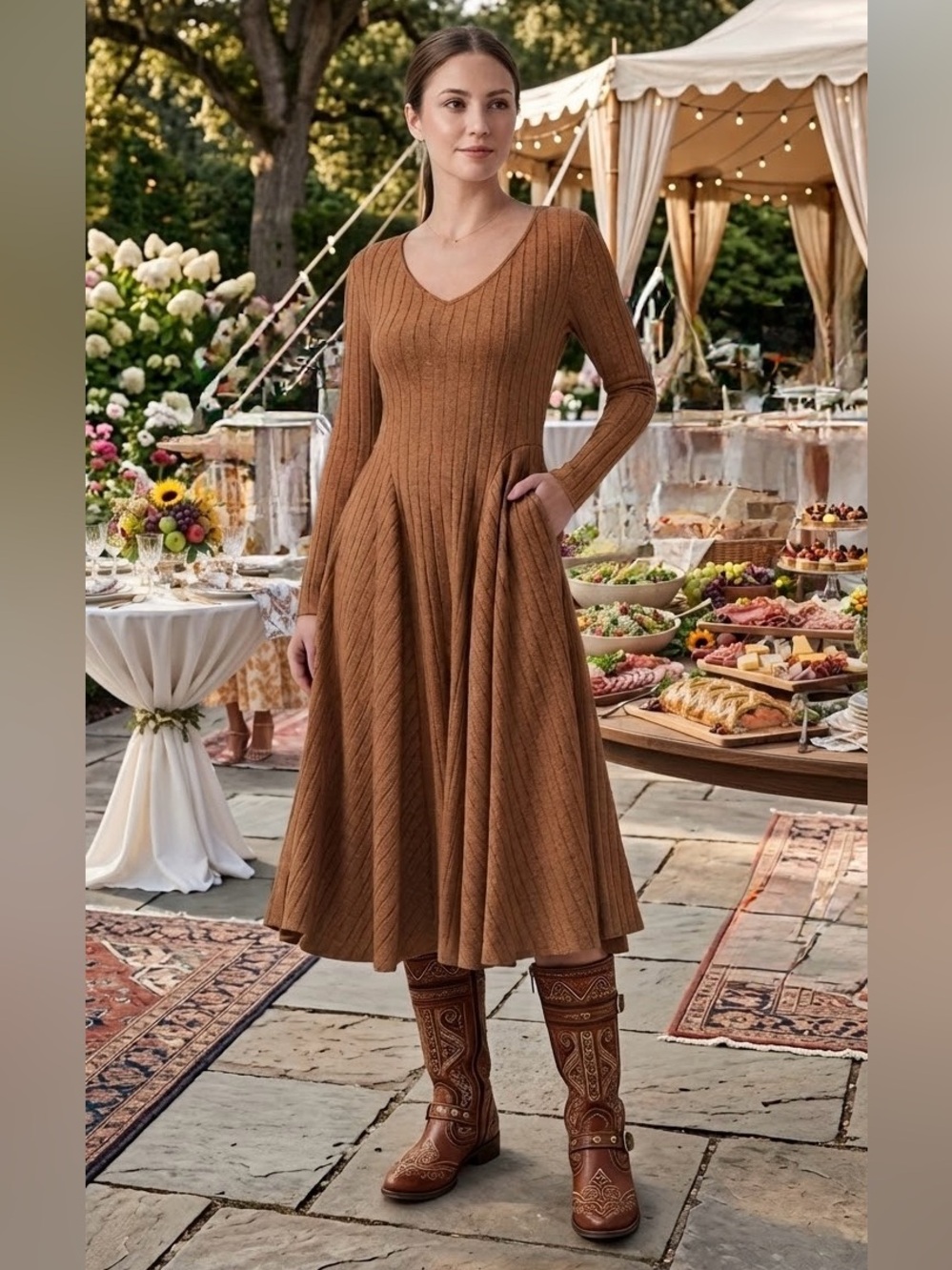 NWT Halara FALL/WINTER XL Ribbed Knit V Neck Long Sleeve Flare Midi Casual Dress